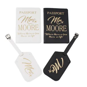 Set de funda de pasaporte y etiqueta de equipaje para parejas de PU con letras doradas.