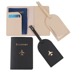 Set copripassaporto in pelle PU e etichetta per bagaglio con design aereo dorato.