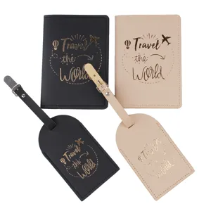 Close up of PU leather passport holder and luggage tag set with travel gold foil print details.