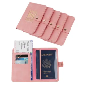 Pink PU leather passport holder travel document organizer multi-card family wallet case