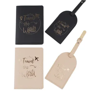 PU leather passport holder and luggage tag set travel accessories in black and beige colors.