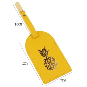 Etichetta per bagaglio in pelle gialla con motivo ananas dorato, targhetta da viaggio impermeabile.