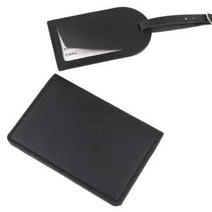 Detail shot of black PU leather passport holder and luggage tag set, smooth texture close-up.