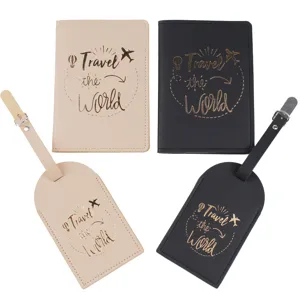 Detail shot of PU leather passport cover and luggage tag set with gold foil travel text design.