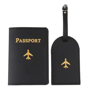 Black PU leather passport cover and luggage tag set with gold embroidery airplane detail.
