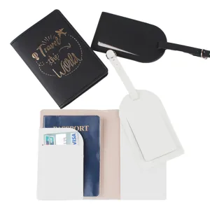 PU leather travel passport holder and luggage tag set with minimalist design and gold text.