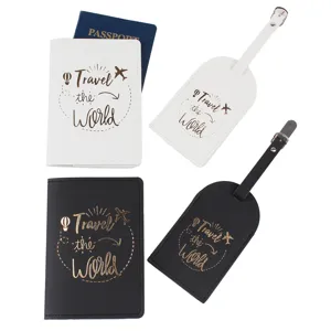PU leather passport cover and luggage tag set travel 4-piece kit in black and white colors.