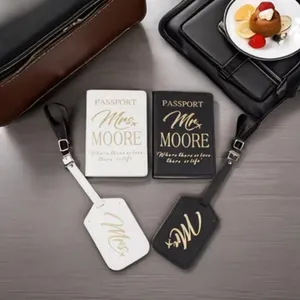 Juego de funda para pasaporte y etiqueta de equipaje pareja PU cuero dorado organizador regalo