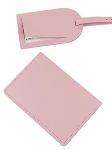 Pink PU leather passport holder and luggage tag set, stylish travel wallet and ID card case.