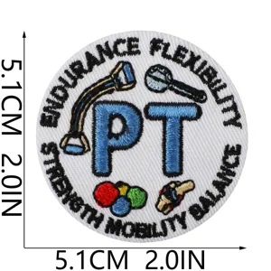 Close-up detail of PT physical therapy embroidered patch featuring round sport icons and text.