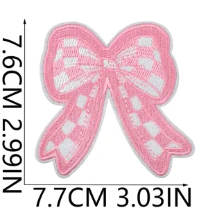 Pink white checkered bow embroidery patch iron on cute clothing DIY decorative applique