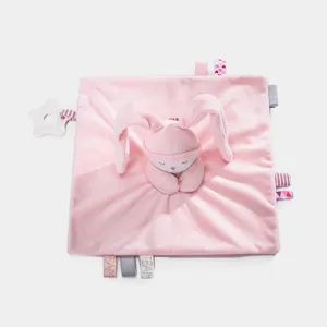 Pink bunny baby security blanket plush soothing toy with teething ring and colorful sensory tags
