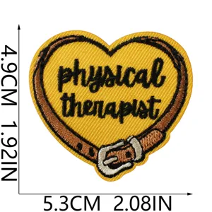 Close-up of heart shaped embroidered patch featuring physical therapist design with clear size.