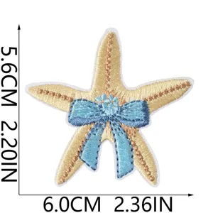 Starfish embroidered cloth patch with blue bow cute clothing DIY decorative accessory 5.6x6cm