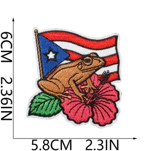 Puerto Rico Flagge bestickter Aufnäher mit Frosch und Hibiskus Applikation 6x5.8 cm