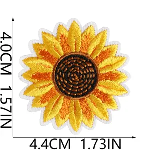 Detailed close-up of a vibrant yellow sunflower embroidery patch, perfect for DIY clothing.