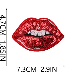 Écusson brodé lèvres à paillettes rouges pour réparation de vêtements DIY 7.3x4.7cm
