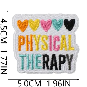 Colorful physical therapy embroidered patch detail close-up, premium stitching texture for DIY apparel.