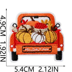 Cute autumn pumpkin truck embroidered patch DIY clothing repair craft badge accessory detail.