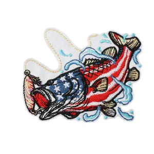 Retro Angeltenkeile bestickter Aufnäher, USA Flagge Barsch Fisch Bügelbild für DIY Jacken.