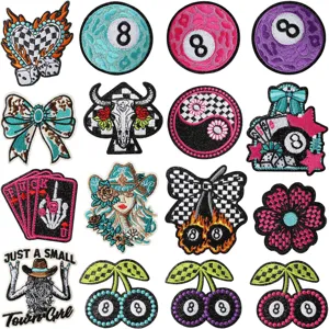 Western Cowboy Style Billiards Ball Embroidery Iron On Patch Poker Denim Jacket Hat DIY Decorative Applique