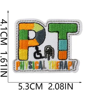 Detailed view of the colorful PT letter physical therapy embroidered iron-on patch design.