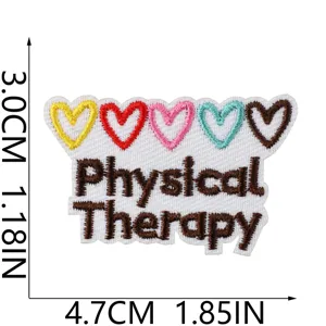 Embroidered patch detail featuring colorful hearts and Physical Therapy text lettering.