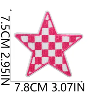 Pink white checkered star embroidered patch iron on clothing DIY decorative badge.