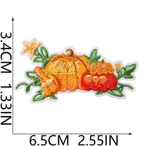 Pumpkin embroidery patch detail showing farm theme design and product dimensions for DIY.