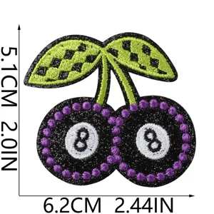 Close-up view of billiard 8-ball cherry embroidered patch detail and clean texture.