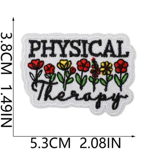 Detailed view of the embroidered patch with floral and physical therapy typography design.