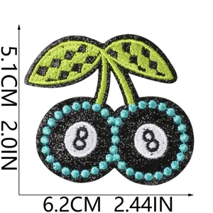 Detailed view of the 8 ball cherry embroidered patch, showing fine stitching and clear size dimensions.
