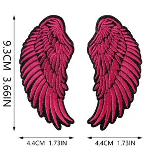 Pink leather angel wings embroidery patch detail view, perfect for DIY clothing and bags.
