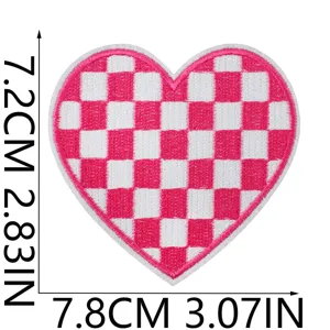 Pink and white checkered heart embroidered patch detail, iron on DIY decorative applique.