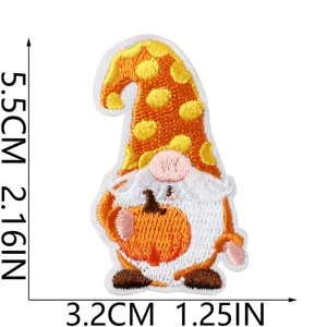 Autumn gnome pumpkin embroidery patch detail, cute DIY clothing repair fabric accessory.
