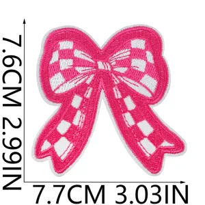 Pink and white checkered bow embroidery patch, perfect for DIY clothing jeans backpacks decor.