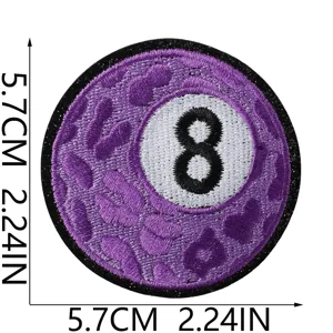 Detailed view of the purple leopard print billiard 8-ball embroidered iron-on patch for DIY.