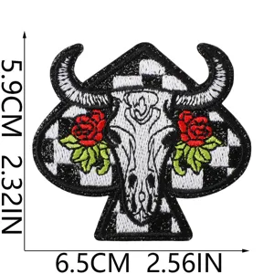 Western cowboy bull skull rose embroidered patch detail, stylish black white checkered DIY decor.