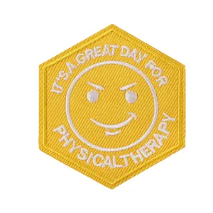 Yellow hexagonal embroidered iron-on patch with cute smiley face and recovery text.