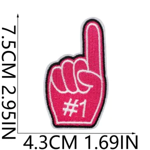 Detailed view of pink foam finger embroidered patch with #1 design and dimensions.