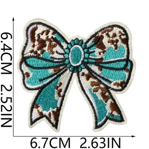Western cowboy style bow embroidery iron on patch turquoise cow print decor apparel