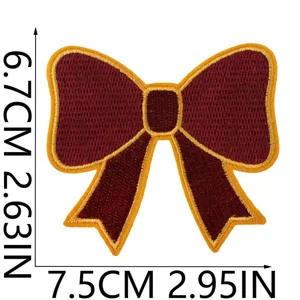 Burgundy embroidered bow patch with gold border, DIY iron-on clothing accessory 6.7x7.5cm