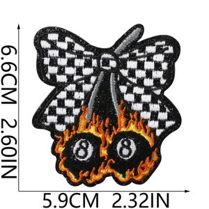Checkered Bow 8-Ball Flame Embroidered Patch DIY Iron-On Badge for Denim Jacket Jeans Hat