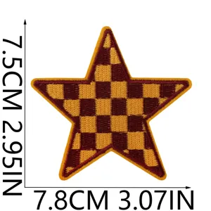 Detailed view of the maroon and yellow checkered star embroidery patch with precise dimensions.