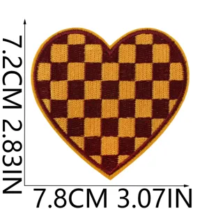 Checkered heart embroidered patch detail showing precise dimensions and fine stitching work.