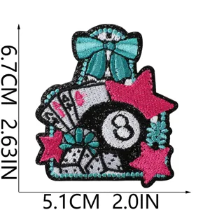 Billiard 8-ball embroidered iron-on patch with bow, dice and stars for DIY denim jackets.