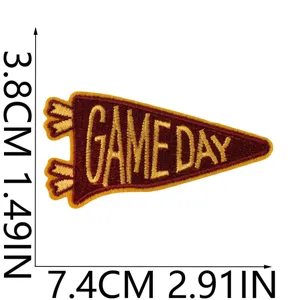 Embroidered game day pennant patch detail, fabric applique for clothing, DIY decorative badge.