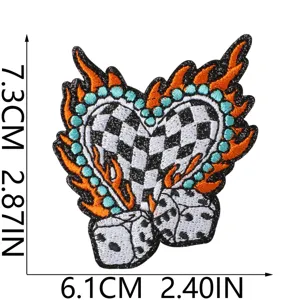 Embroidered heart patch with flames and dice, DIY decorative iron-on patch detail view.