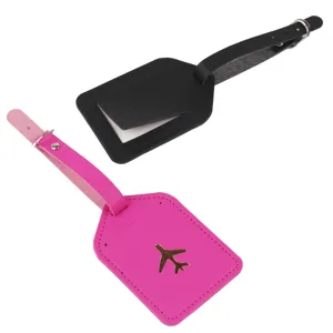 Portable leather luggage tags set with adjustable strap and cute airplane pattern for travel.