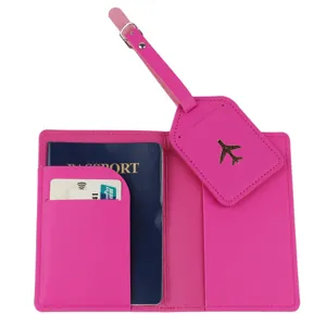 Pink leather passport cover and luggage tag set travel holder organiser accessories